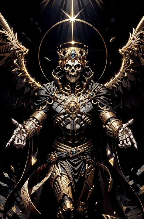 (masterpiece, best quality, detailed), high contrast, bright lights, (portrait, medieval:1.2), (gold color scheme:1.2), <lora:MidasMagic-22:0.4> midasmagic, glint, gleam, <lora:CarthageTech-26:0.3> carthagetech, gold mosaic, BREAK, <lora:TarotMaker:0.6> tunic, skeleton, angel of death, crown, concealed hands, (horridtarot), <lora:TCV:0.3> <lora:LowRA:0.4> dark theme