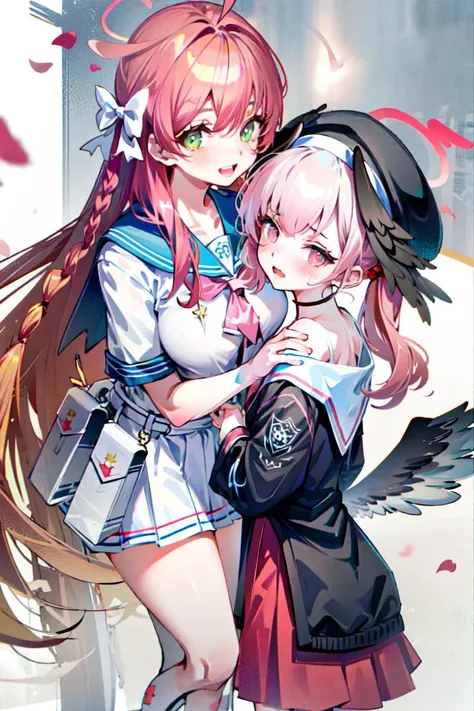 2girls, petals, height difference, simple background, white background, hugging
AND 2girls, petals, hanako, 1girl, single braid, large breasts, halo, hair ribbon, blue sailor collar, white serafuku, wrist ribbon, white skirt, pink bow, short sleeves, pouch, smile, ;d, height difference, tall girl, hugging, <lora:hanakobluearchivev2:1>, 
AND 2girls, petals, koharu, 1girl, halo, pink eyes, ringed eyes, head wings, low wings, pink hair, blue archive, school uniform, off shoulder, hat, skirt, embarrassed, open mouth, height difference, short girl, hugging, <lora:koharuBlueArchive_v3:1>,
