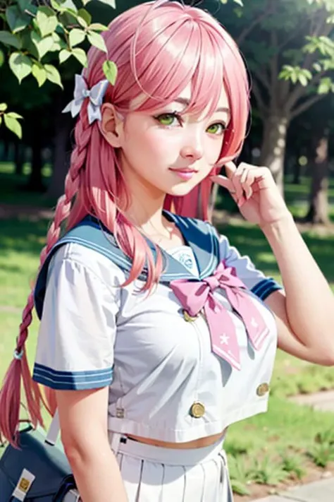 masterpiece, (photorealistic:1.4), best quality, beautiful lighting, hanako, 1girl, single braid, large breasts, halo, hair ribbon, blue sailor collar, white serafuku, wrist ribbon, white skirt, (pink bow1.2), short sleeves, pouch, portrait, <lora:hanakobluearchivev2:1>, RAW photo, 8k uhd, film grain, pink hair,