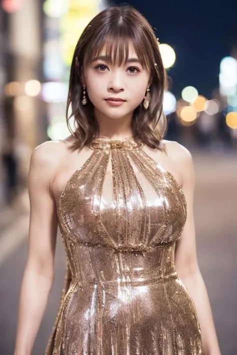 1girl, (wearing an evening dress:1.8),(RAW photo, best quality), (realistic, photo-realistic:1.4), masterpiece, an extremely delicate and beautiful, extremely detailed, 2k wallpaper, Amazing, finely detail, extremely detailed CG unity 8k wallpaper, ultra-detailed, highres, soft light, beautiful detailed girl, extremely detailed eyes and face, beautiful detailed nose, beautiful detailed eyes,cinematic lighting,(in the city at night:2.0),(night city view:1.8),perfect anatomy,(slender body:2.0),(laughing:1.4),(close up:2.0),(open eyes:1.4),(look at viewer),(front view:1.0),(young japanese girl:1.8),cinematic angle,(wavy hair), (brown eyes:1.8),(standing:2.0), (cleavage:1.2), <lora:wakaiyuuki_lora-01:0.8>