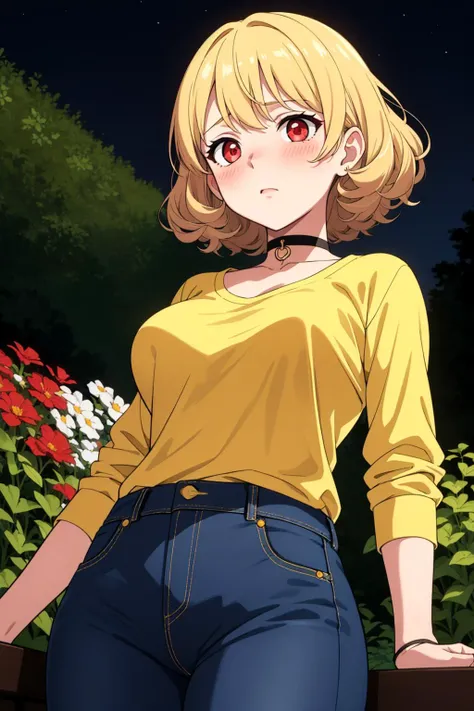 (masterpiece, best quality:1.2), 1girl, short curly blonde hair, glowing red eyes, large breasts, choker, jeans, yellow shirt, garden, blush, from below, night, lights