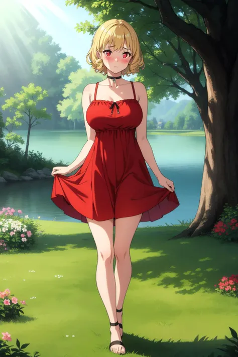 (masterpiece, best quality:1.2), 1girl, short curly blonde hair, glowing red eyes, large breasts, choker, sundress, full body, timid, shy, blush, grass, trees, flowers, sunlight, lake