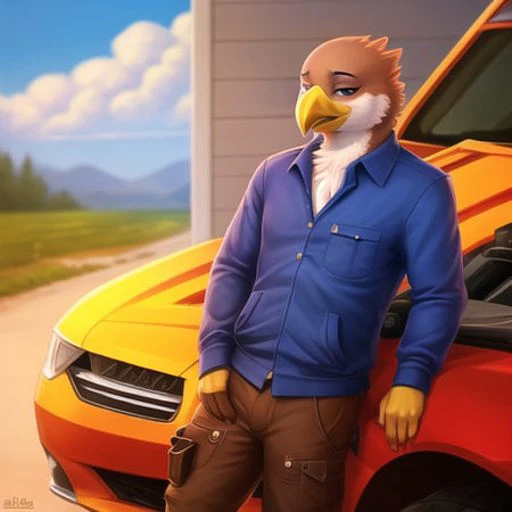 <lora:anthroBirdsLora_v25:1> realistic, soft lighting, 4k, car mechanic, bird, tail feathers, beak, anthro, avian, beak, brown body, sunrays, detailed shadows, bald, clothes, pants, eagle,