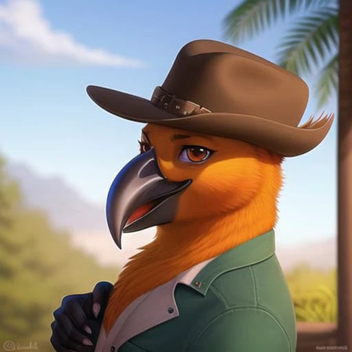 <lora:anthroBirdsLora_v25:0.8> realistic, 4k, bird, tail feathers, beak, anthro, avian, detailed shadows, bald, clothed, fedora, sherif,