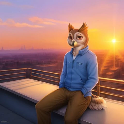 <lora:anthroBirdsLora_v25:1> realistic, sunrise, soft lighting, 4k, big city in background, sitting on roof, bird, tail feathers, beak, anthro, avian, ((owl)), beak, brown body, (winged-arms), sunrays, detailed shadows, bald, clothes, pants,