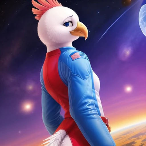 <lora:anthroBirdsLora_v25:0.8> realistic, 4k, bird, tail feathers, beak, anthro, avian, bald, astronaut, space suit, female, space station,