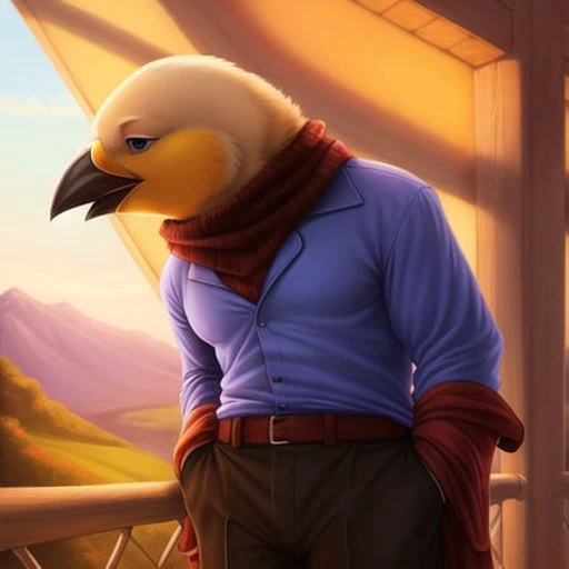 <lora:anthroBirdsLora_v25:1> realistic, soft lighting, 4k, bird, tail feathers, beak, anthro, avian, beak, brown body, sunrays, detailed shadows, bald, clothes, pants, penguin,