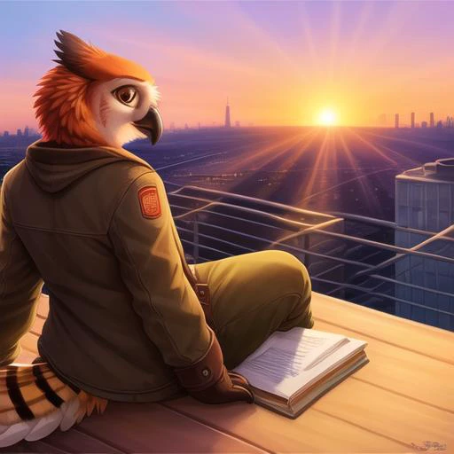 <lora:anthroBirdsLora_v25:1> realistic, sunrise, soft lighting, 4k, big city in background, sitting on roof, bird, tail feathers, beak, anthro, avian, ((owl)), beak, brown body, (winged-arms), sunrays, detailed shadows, bald, clothes, pants,