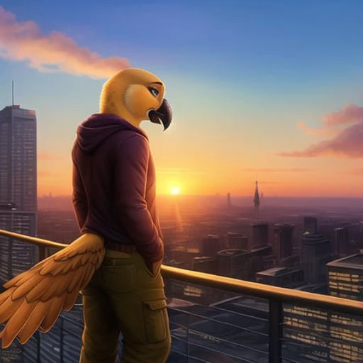 <lora:anthroBirdsLora_v25:1> realistic, sunset, soft lighting, 4k, big city in background, standing on roof, bird, tail feathers, beak, anthro, avian, beak, brown body, sunrays, detailed shadows, bald, clothes, pants,