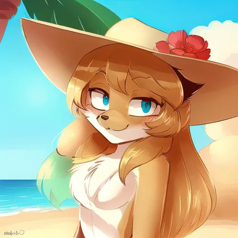 (masterpiece, highres, illustration, best quality, hd, simple, sfw, safe for work),  <lora:Averiv0.3:0.7>, sunny, beach, averi, fox girl, sunhat