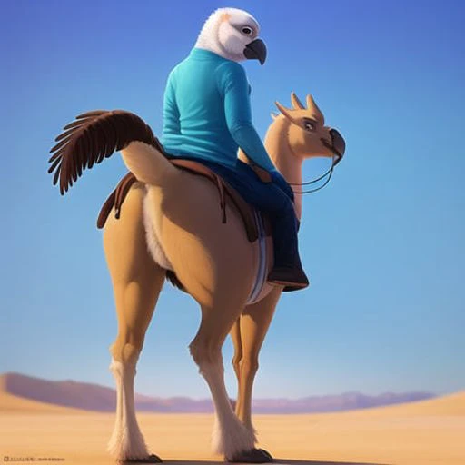 <lora:anthroBirdsLora_v25:0.8> realistic, 4k, bird, tail feathers, beak, anthro, avian, detailed shadows, bald, desert, riding camel, clothed,