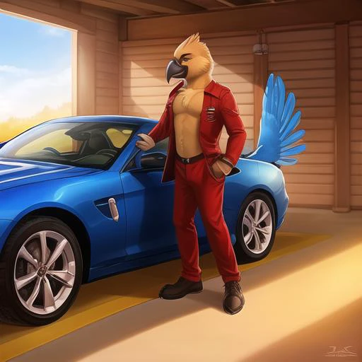 <lora:anthroBirdsLora_v25:1> realistic, soft lighting, 4k, car mechanic, bird, tail feathers, beak, anthro, avian, beak, brown body, sunrays, detailed shadows, bald, clothes, pants,