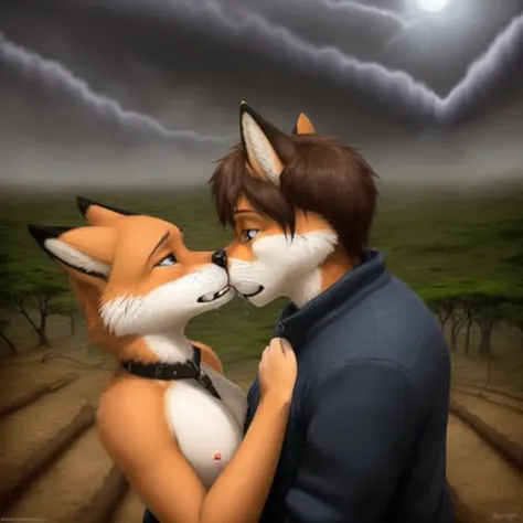 ((crying and holding each other)), bracing for the last moments alive, penis in sheaths lying up their bellies, 2 (lean) very handsome fox guys trying to survive an ordeal night in terrible weather in a stark winter landscape, looking straight at each other with big scared eyes in mortal fear, united through hardship ((in a severe typhoon)), trees being ripped up with roots, sharp focus with bokeh, photo realistic, artistic