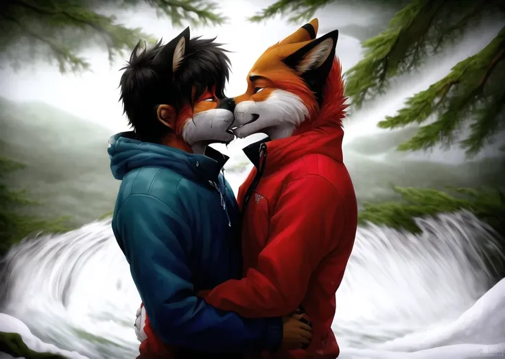 holding each other tenderly, bracing for death to come, crying heavy tears, 2 (lean) very handsome fox guys trying to survive an ordeal night in terrible weather in a stark winter landscape, looking straight at each other with big scared eyes in mortal fear, united through hardship ((in a severe typhoon)), trees being ripped up with roots, sharp focus with bokeh, photo realistic, artistic