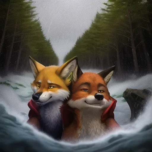 2 (lean) very handsome fox guys trying to survive an ordeal night in terrible weather in a stark winter landscape, looking straight at each other with big scared eyes in mortal fear, united through hardship ((in a severe typhoon)), trees being ripped up with roots, sharp focus with bokeh, photo realistic, artistic