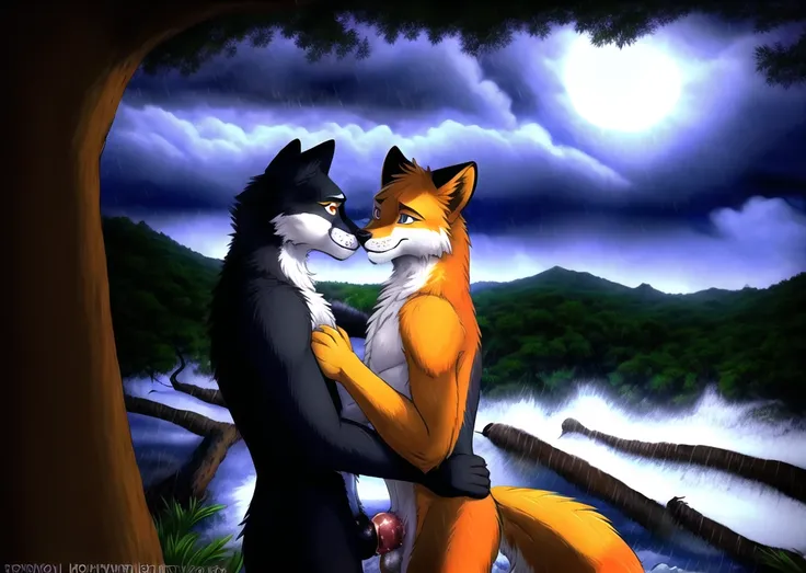 an anthropomorphic fox guy and a lion guy, (lean) very handsome, trying to survive an ordeal night in terrible weather in a stark winter landscape, looking straight at each other with big scared eyes in mortal fear, united through hardship ((in a severe typhoon)), trees being ripped up with roots, sharp focus with bokeh, photo realistic, artistic, holding each other tenderly, bracing for death to come, licking inside each other's maws, in heavy rainfall