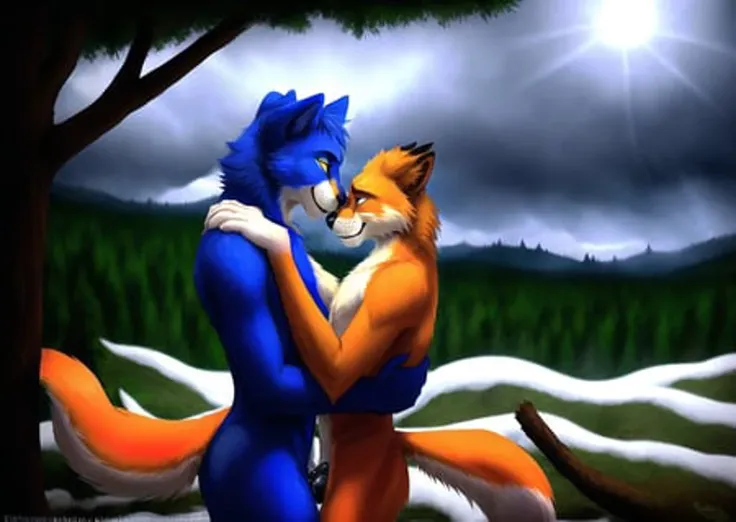 an anthropomorphic fox guy and a lion guy, (lean) very handsome, trying to survive an ordeal night in terrible weather in a stark winter landscape, looking straight at each other with big scared eyes in mortal fear, united through hardship ((in a severe typhoon)), trees being ripped up with roots, sharp focus with bokeh, photo realistic, artistic, holding each other tenderly, bracing for death to come, licking inside each other's maws, in heavy rainfall