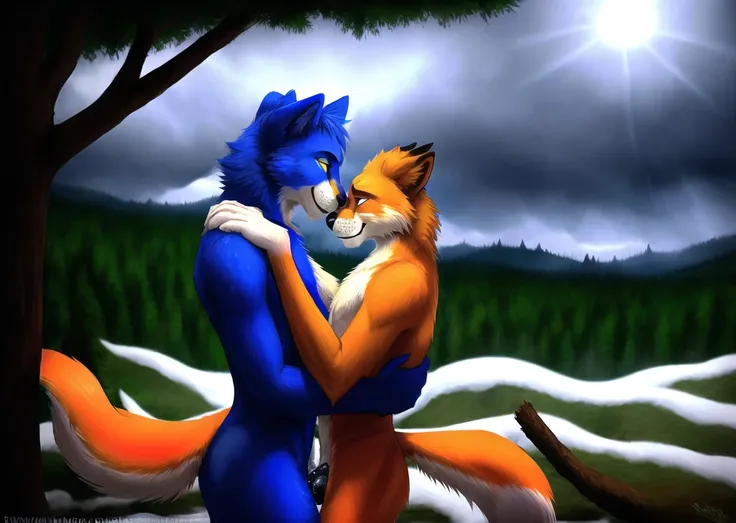 an anthropomorphic fox guy and a lion guy, (lean) very handsome, trying to survive an ordeal night in terrible weather in a stark winter landscape, looking straight at each other with big scared eyes in mortal fear, united through hardship ((in a severe typhoon)), trees being ripped up with roots, sharp focus with bokeh, photo realistic, artistic, holding each other tenderly, bracing for death to come, licking inside each other's maws, in heavy rainfall