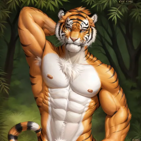 Male, muscular, tiger, sfw, bulge, jockstrap, muscular, solo, single male, standing, masterpiece, flawless, gorgeous, digital art, high fidelity, smiling, handsome, by chunie