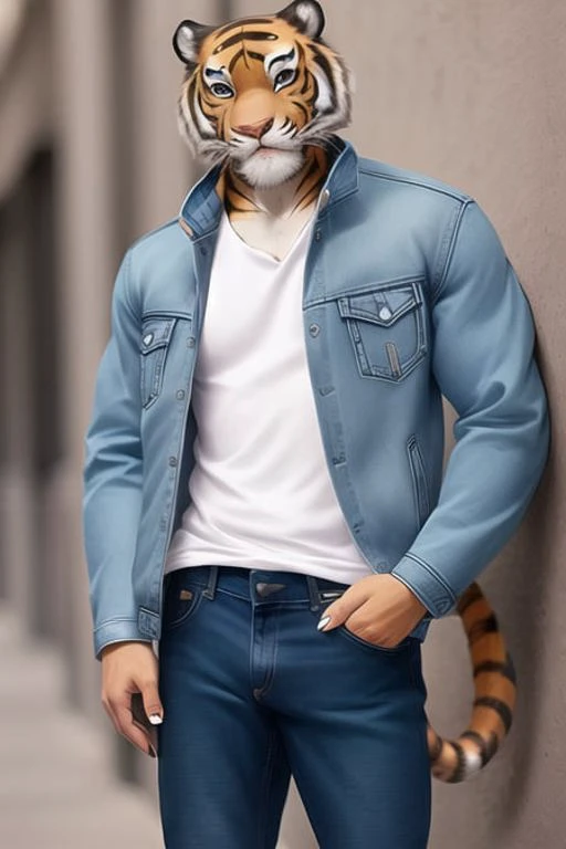 A handsome tiger man wearing a jacket and jeans