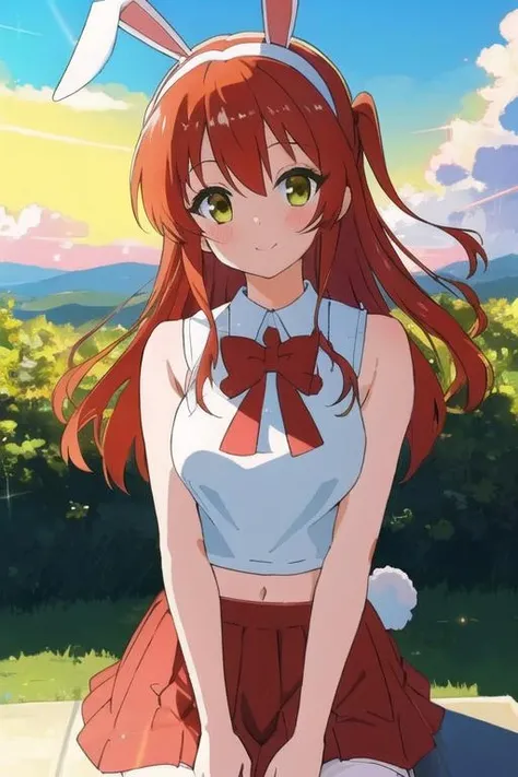 high quality, masterpiece, ikuyo_kita, 1girl,solo, solo focus, upper_body, between legs, bowing, bunny, rabbit_ears, rabbit_girl, crop top, bare shoulders, shirt, bow, smile, hairband, scenery, outdoor, looking at viewer, cowboy_shot, <lora:ikuyo_kita_v7-000004:0.9>