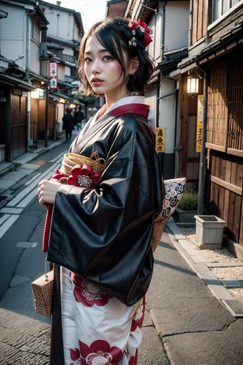 (realistic:1.3), finely detailed, quality, rembrandt lighting, (maserpiece:1.2), (photorealistic:1.2), (best quality), (detailed skin:1.3), (intricate details), dramatic, ray tracing, 1girl, hokusaitest, hokusai, short hair, bangs, blue eyes, black hair, hair ornament, purple hair, flower, hair flower, hairpin, japanese clothes, kimono, sash, obi, red kimono, black kimono, (old kyoto street, wooden houses), <lora:hokusaitest:1>,