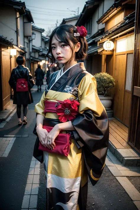 (realistic:1.3), finely detailed, quality, rembrandt lighting, (maserpiece:1.2), (photorealistic:1.2), (best quality), (detailed skin:1.3), (intricate details), dramatic, ray tracing, 1girl, hokusaitest, hokusai, short hair, bangs, blue eyes, black hair, hair ornament, purple hair, flower, hair flower, hairpin, japanese clothes, kimono, sash, obi, red kimono, black kimono, (old kyoto street, wooden houses), <lora:hokusaitest:1>,