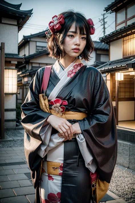 (realistic:1.3), finely detailed, quality, rembrandt lighting, (maserpiece:1.2), (photorealistic:1.2), (best quality), (detailed skin:1.3), (intricate details), dramatic, ray tracing, 1girl, hokusaitest, hokusai, short hair, bangs, blue eyes, black hair, hair ornament, purple hair, flower, hair flower, hairpin, japanese clothes, kimono, sash, obi, red kimono, black kimono, (old kyoto street, wooden houses), <lora:hokusaitest:1>,