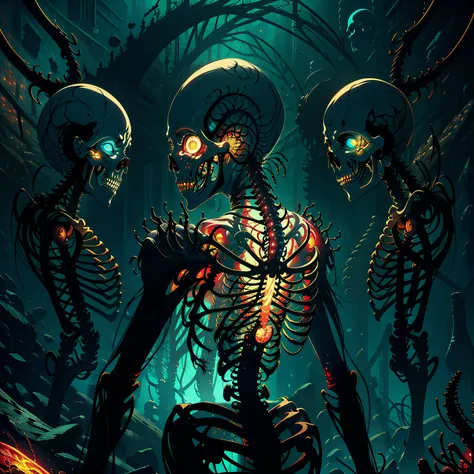 beautiful, masterpiece, best quality, extremely detailed face, perfect lighting, DarkFantasy-700, (nsfw:1.2), dark, gothic, horror \(theme\), glowing, glowing eyes, skeleton, <lora:beautifulDetailedEyes_v10:0.4>, from behind,relaxed pose, full body, skeletons, rib cage, ribs
