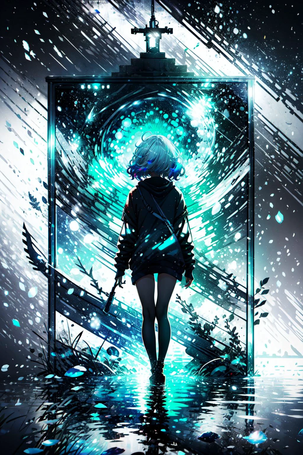 best quality, intricate details,, best quality, intricate details,
1girl, white hair, blue eyes, sharp eyes,messy hair, blue highlights, sharp teeth,multicolored_hair,long hair,
virtual_youtuber, gawr_gura, <lora:gawrGuraHololive_v3:0.8> gawr gura,
shark teeth design, bare legs, shark girl, shark print, shark hair ornament,
flowing water, space background, black background, nebula
<lora:gachaSplashLORA_v40:0.8>, <lora:darkAndLight_v10:0.8> halftone, cloud, light_particles,