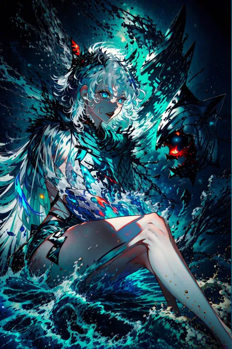 best quality, intricate details,, best quality, intricate details,
1girl, white hair,  blue eyes, sharp eyes,messy hair, blue highlights, sharp teeth,multicolored_hair,long hair,
virtual_youtuber, gawr_gura, <lora:gawrGuraHo****ve_v3:0.8> gawr gura,
 shark teeth design, bare legs, shark girl, shark print, shark hair ornament,
   flowing water, space background, black background, nebula 
 <lora:auDeleteAuStyleLora_offset:0.8> au \(d elete\),  <lora:girlAndShadow_v10:0.8>