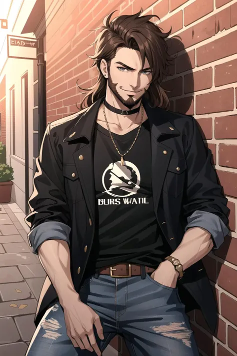 best quality, intricate details, smirk, glare,
1boy, 30 year old man with brown hair, messy hair, long hair, brown beard, goatee,
black shirt, ripped jeans, open jacket, choker,
against wall, brick wall, graffiti, dim lighting, alley