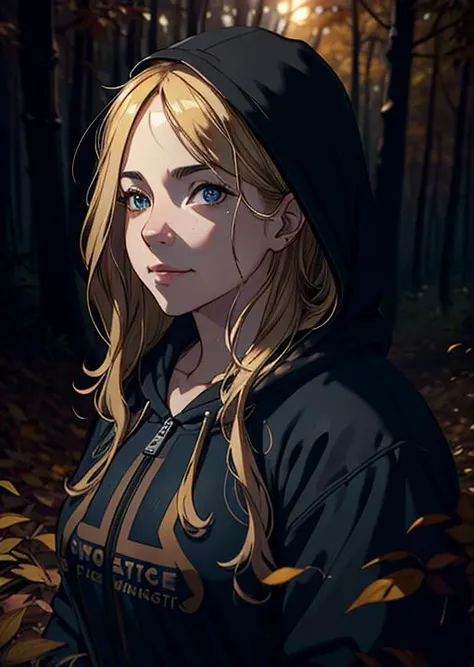 a portrait photograph of (schlichter:1), wearing an unzipped open black hoodie with a shirt, beautiful autumn forest background, outdoors, late afternoon, bright cinematic golden hour rim lighting, mature woman, (flowing blonde hair:1.2), detailed blue eyes, depth of field, focus, wallpaper, poster, sharp focus, hyperrealism, insanely detailed, lush detail, post-processing, color grading, tone mapping, ultra-realistic, 100mm, HDR, film photography, DSLR, cinema4d, film grain, face focus, chubby, fat, smile, standing, (beautiful face:0.1), (dynamic pose:0.2), (skindentation:1.5), (masterpiece:1.5), <lora:LowRA:0.5>, <lora:NakedHoodieV1:0.5>