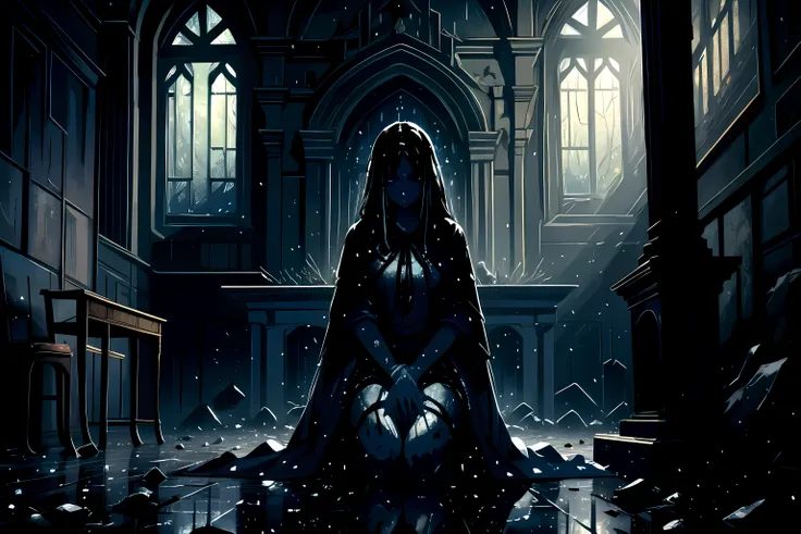 (masterpiece),(best quality),(extremely detailed),(high res),
In a shattered chapel, rain leaks through a fractured ceiling onto an altar stained with fresh blood. Faint, agonized whispers echo from the walls. A lone figure, clad in tattered robes, kneels, holding a heart that still beats, offering it to an unseen deity.