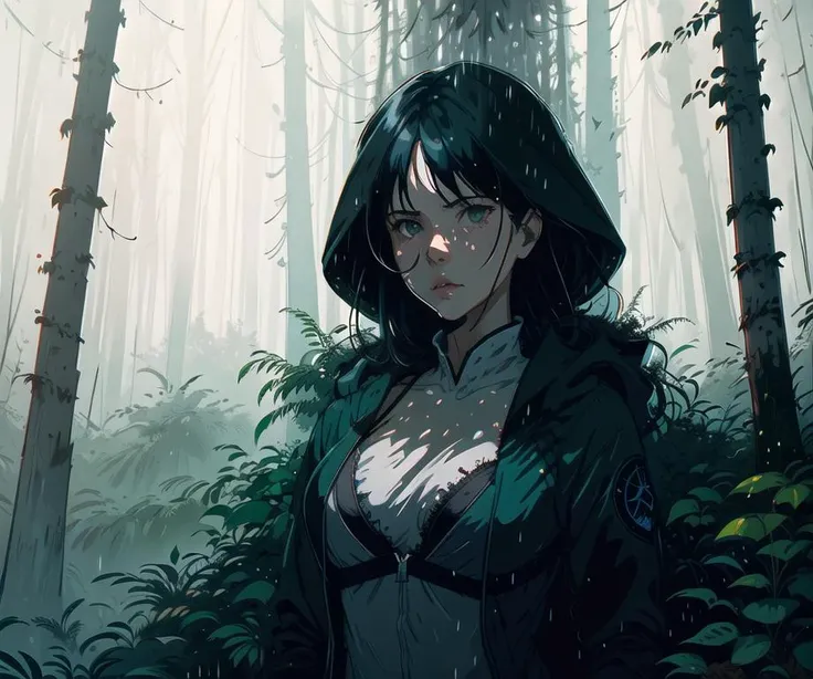 ((masterpiece)), ((best quality)),girl, Highly detailed forest, foggy, raining, by atey ghailan, by greg rutkowski, by greg tocchini, by james gilleard, by joe fenton, by kaethe butcher, gradient black, grunge aesthetic!!!