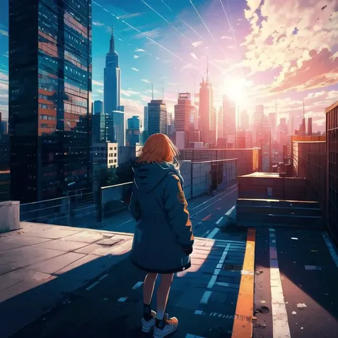 1girl, long orange hair, modern parka, skirt, converse shoes, modern city, on edge of a skyscaper's roof, midday, sun, blue sky, clouds, ((shot from back)), low angle, volumetric light, 8k, best quality, sharp, detailed