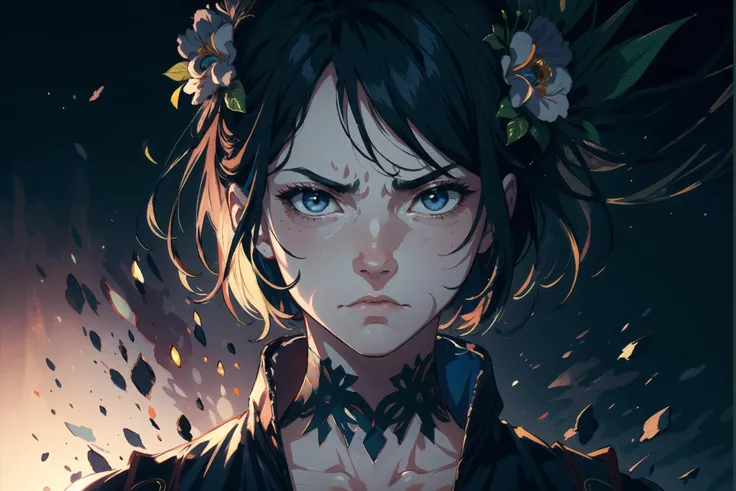 (masterpiece:1.2), (best quality:1.2) (illustration:1.06), detailed, Ultra-detailed Quality Octane Render, detailed beautiful eyes, complex eyes, intricate iris, (Highest picture quality), (Master's work), disgusted face, clenched teeth, closed mouth, disgust, expressionless, face, frown, furrowed brow, glaring, grimace, large breasts, (8K wallpaper), (intricate detailed:1.12), hyper detailed, cartoon, soft lighting, specular lighting