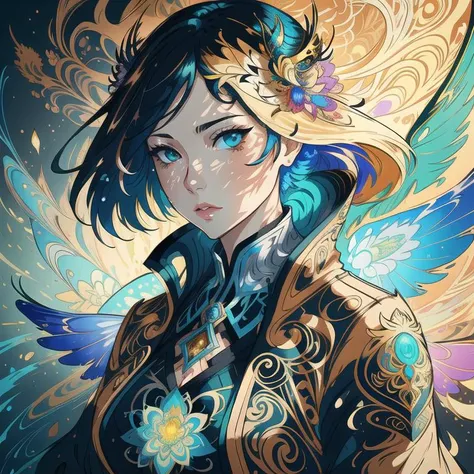 flat vector art, woman,Portrait, beautiful anime style woman, looking at viewer, flat color, wide angle, Dancer fine art filigree, paper marbling! Oil splash!! Oil stained!!", intricate hyperdetailed fluid gouache illustration by Android Jones: By Ismail Inceoglu and Jean Baptiste mongue: James Jean: Erin Hanson: Dan Mumford: professional photography, natural lighting, volumetric lighting maximalist photoillustration 8k resolution concept art intricately detailed, complex, elegant, expansive, fantastical