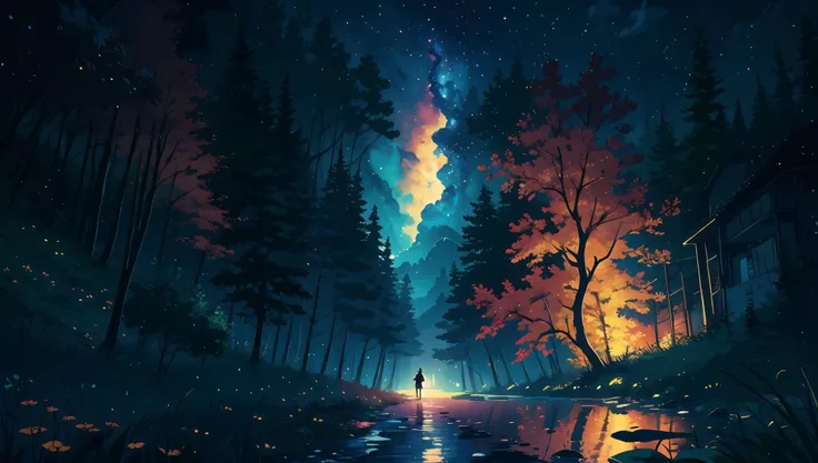 illustration, cartoon, soothing tones, calm colors, (anime), (illustration), cartoon, detailed, masterpiece, beautiful landscape, forest, pond, pathway,night, nebula, starry sky, 8k, best quality, dark shot, detailed