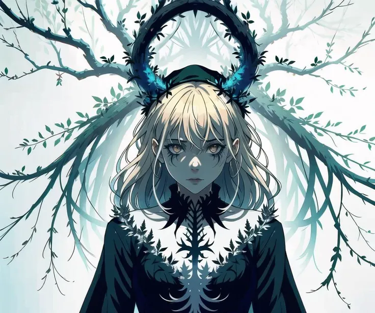 ((masterpiece:1.2, best quality)),(1girl,waist-high portrait:1.5,close-up:1.5),solo,(intricate witch hat),white pantyhose,blonde hair, long hair, dress,very long hair,magic,standing,from frontside,BREAK, Leshen is a powerful, man-eating creature that dwells in the forests. it is a sorcerer with the ability to control the roots of the trees and use them to bind and capture its prey. the leshen is ancient, with origins that are shrouded in mystery. it is revered by some as a god, but it does not appear to offer any benefits in return for this worship. the leshen is solitary and does not tolerate the presence of others of its kind. it is feared and hated by many, but it has a treaty with the witchers that allows it to live in peace. leshen has a haunting, eerie presence and is often described as feeling like it is watching from the shadows. it is a formidable and dangerous opponent, but it is also cunning and intelligent, able to assess its opponents and choose the best course of action