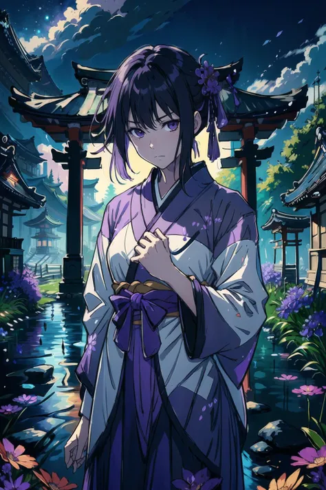 (Cinematic Digital Artwork:1.3) of (Masterpiece:1.3), 1girl, solo, from above, \(purple flowers\), aesthetic, intricate, best quality, detailed background, BREAK Homura Akemi, ((\girl wearing a patterned purple kimono:1.2\)), \(sitting in garden\), casual pose, scowling, detailed textures, posing, floral print, hair flower, hair ornament, japanese clothes, japanese sandals, kimono, obi, outdoors, pagoda, petals, (purple kimono), sash, shrine, sky, stone stairs, torii, wide sleeves, yukata, <lora:HomuraAkemi:1>, CGSociety,ArtStation, (Colorful:1.3)