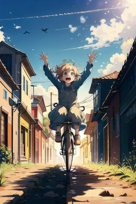 a chibi girl riding pig that is sprinting,(by Artist Jan Hendrik Weissenbruch:1.3), 1girl, solo, laughing, blonde hair, blue eyes, blue overalls, no shoes, sunshine, clouds, pasture, dynamic angle, low to ground, in motion, hands up,