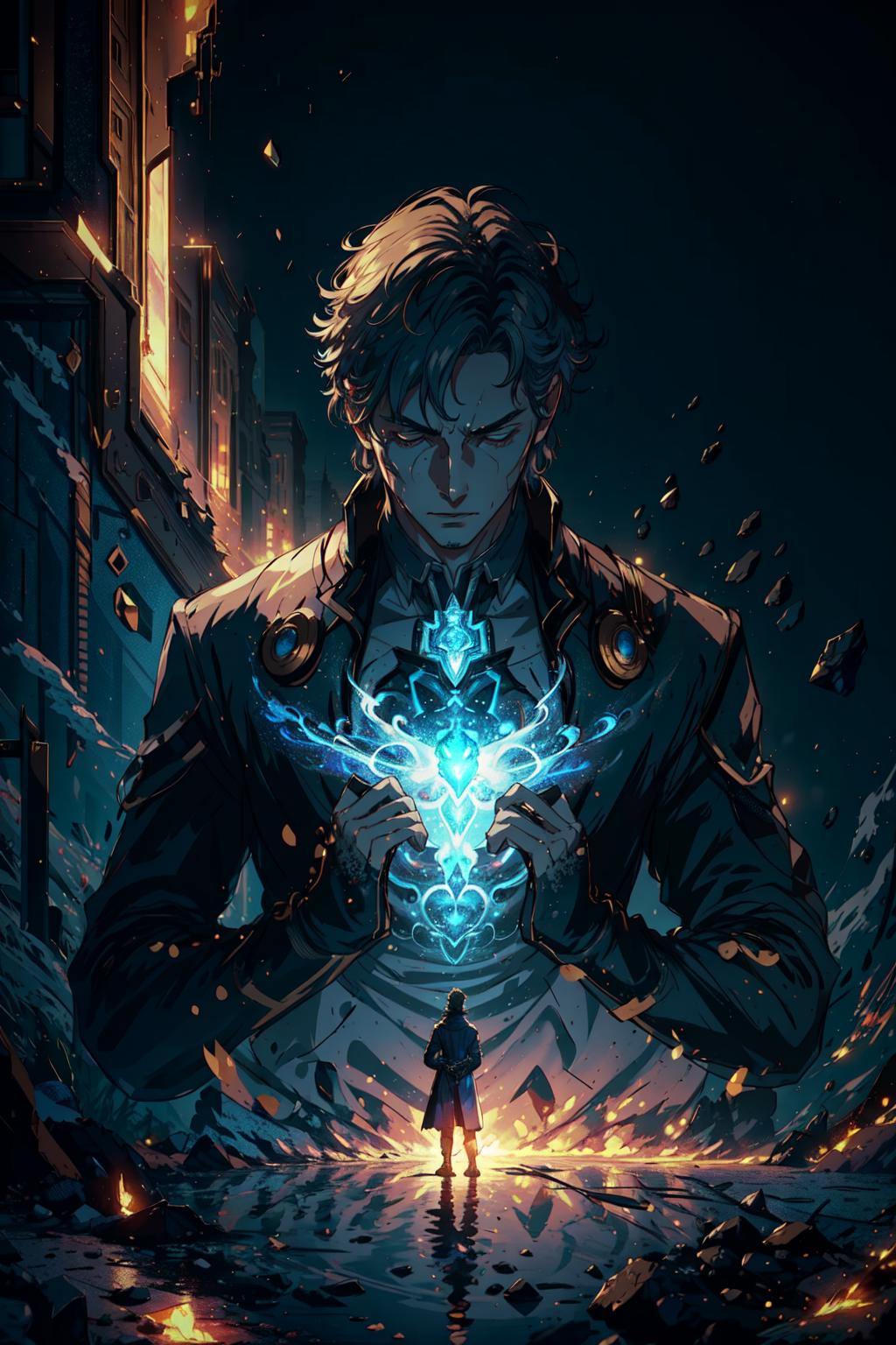 A man standing in front of a fire with a glowing ball - SeaArt AI