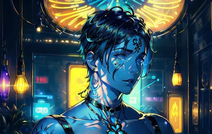(photorealistic:1.4), (masterpiece, sidelighting), neon, glass material, 1boy, blue hair, neck tattoo, goth <lora:dingzhenlora_v1:0.8>
