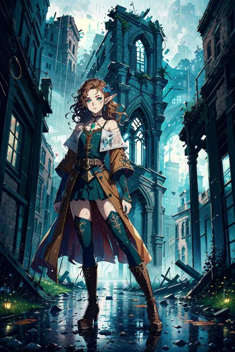 ((masterpiece,best quality)), (1girl, solo:1.4), (full_body:1.3), beautiful detailed eyes, cinematic lighting, (small chest), (posing, fantasy, medieval architecture, ruins, fog, rain, stormy:1.4), detailed background, BREAK (green_eyes), (wavy_hair), (ginger_hair:1.1), (fantasy, jewelry, gemstones, hair ornament), (intricate, embroidery, detailed medieval fashion:1.2), (brown leather fantasy boots), pointed ears