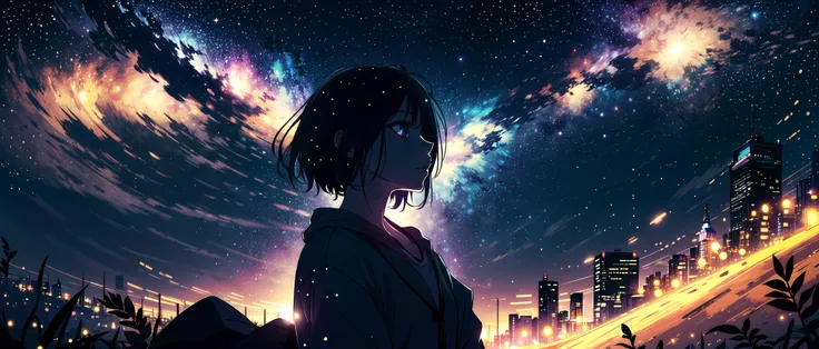 a girl, (glowing stars through the air:1.1), blurry background, bokeh, depth of field, starry skyline, far from city, alone, fearful, hopeless, magic, magical, fantastic, dark hue, haze