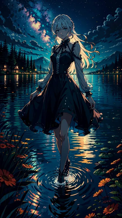 (best quality:1.3)(masterpiece:1.1)(illustration:1.2)(ultra-detailed:1.2)(Extremely detailed background:1.2),
night,starry sky,
the lake reflects a beautiful starry sky, 1 girl,((in the distance)), ((looking to viewer)),((facing to sky)), footsole on the lake, dancing on the middle of the lake, splashing of water,
black gothic dress, dress fluttering, white hair,long hair