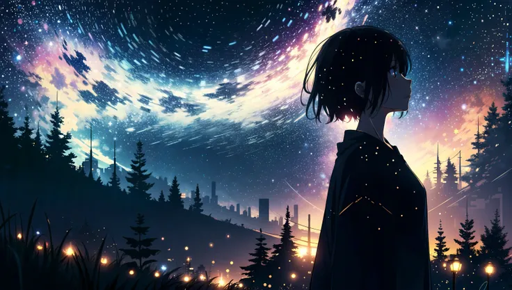 a girl, (glowing stars through the air:1.1), blurry background, bokeh, depth of field, starry skyline, far from city, alone, fearful, hopeless, magic, magical, fantastic, dark hue, haze