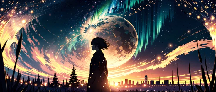 a girl, (glowing stars through the air:1.1), blurry background, bokeh, depth of field, starry skyline, out in the open, alone, fearful, hopeless, magic, magical, fantastic, dark hue, haze, northern lights, (golden hour:1.2), looking at viewer