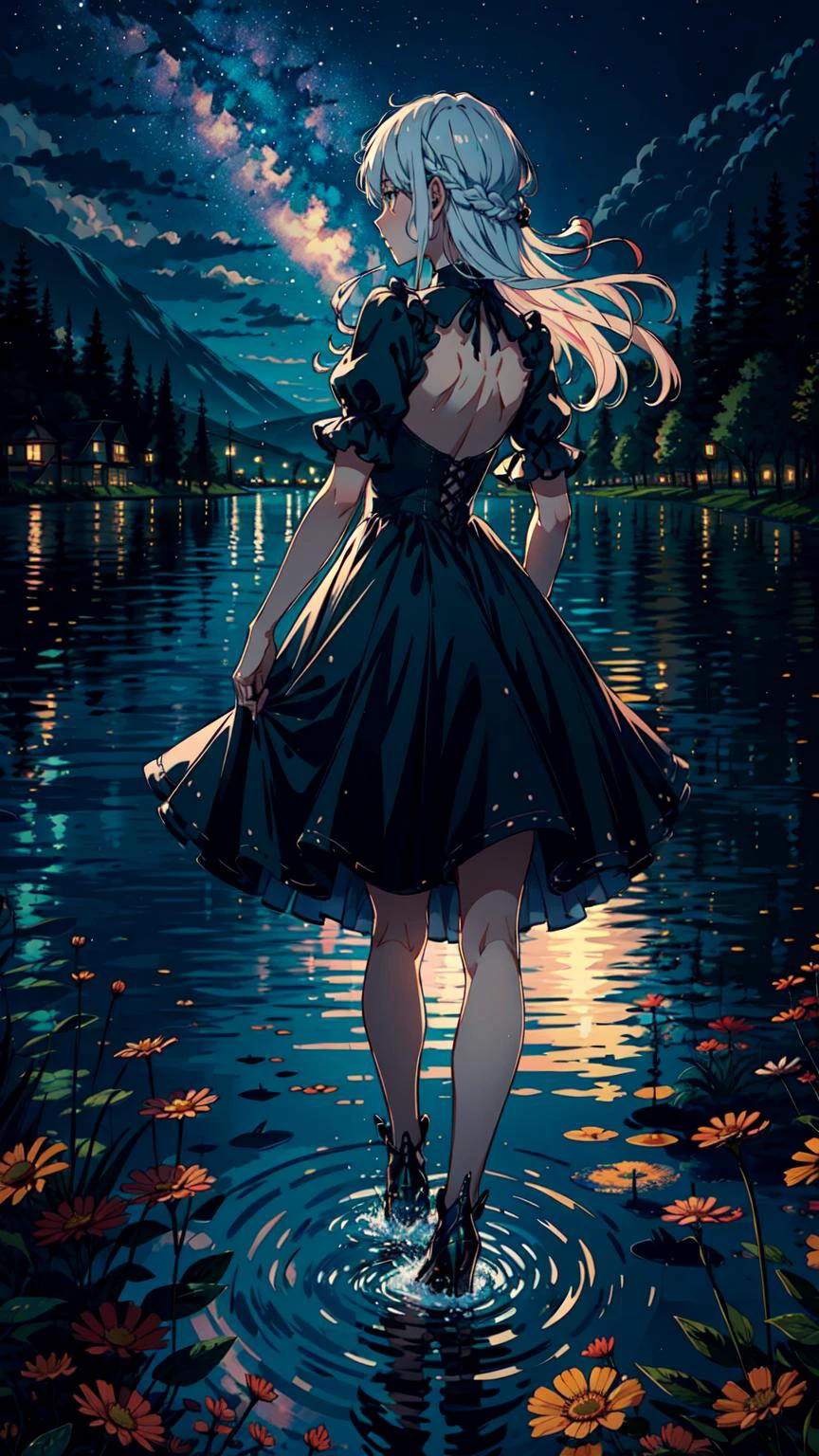 (best quality:1.3)(masterpiece:1.1)(illustration:1.2)(ultra-detailed:1.2)(Extremely detailed background:1.2),
night,starry sky,
the lake reflects a beautiful starry sky, 1 girl,((in the distance)), ((back to viewer)),((facing to sky)), footsole on the lake, dancing on the middle of the lake, splashing of water,
black gothic dress, dress fluttering, white hair,long hair